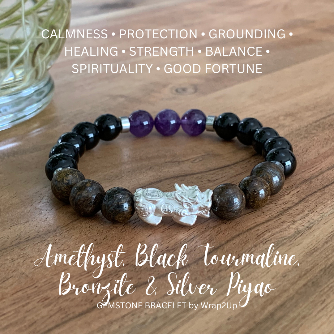 AMETHYST, BLACK TOURMALINE, BRONZITE & SILVER PIYAO GEMSTONE BRACELET