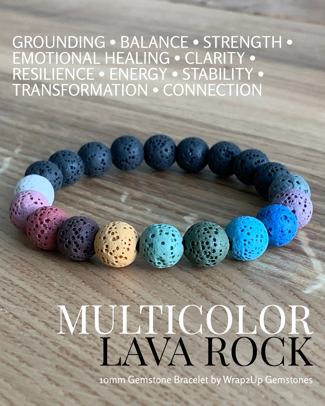 MULTICOLOR LAVA ROCK & BLACK LAVA ROCK GEMSTONE BRACELET