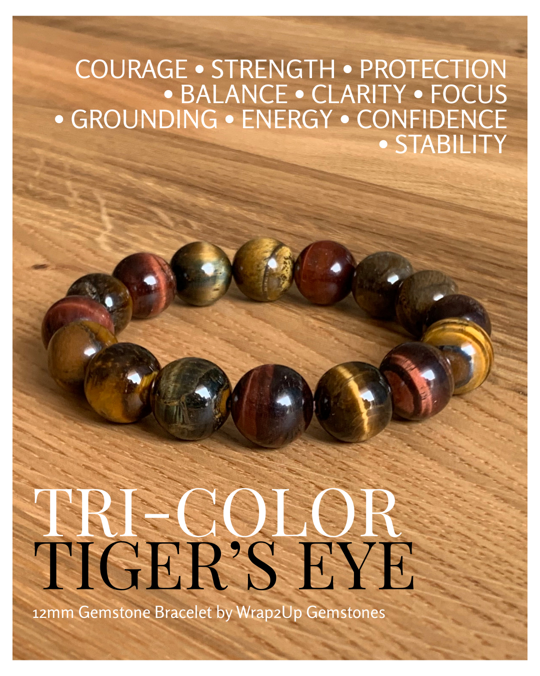Tri-Color Tiger’s Eye 12mm Gemstone Bracelet