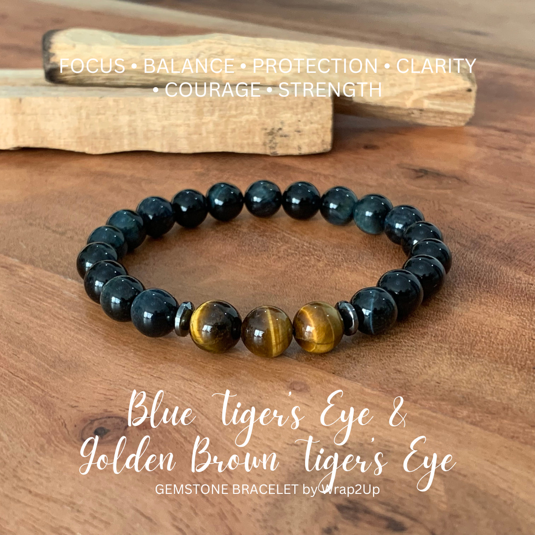 BLUE TIGER’S EYE & GOLDEN BROWN TIGER’S EYE TRINITY GEMSTONE BRACELET