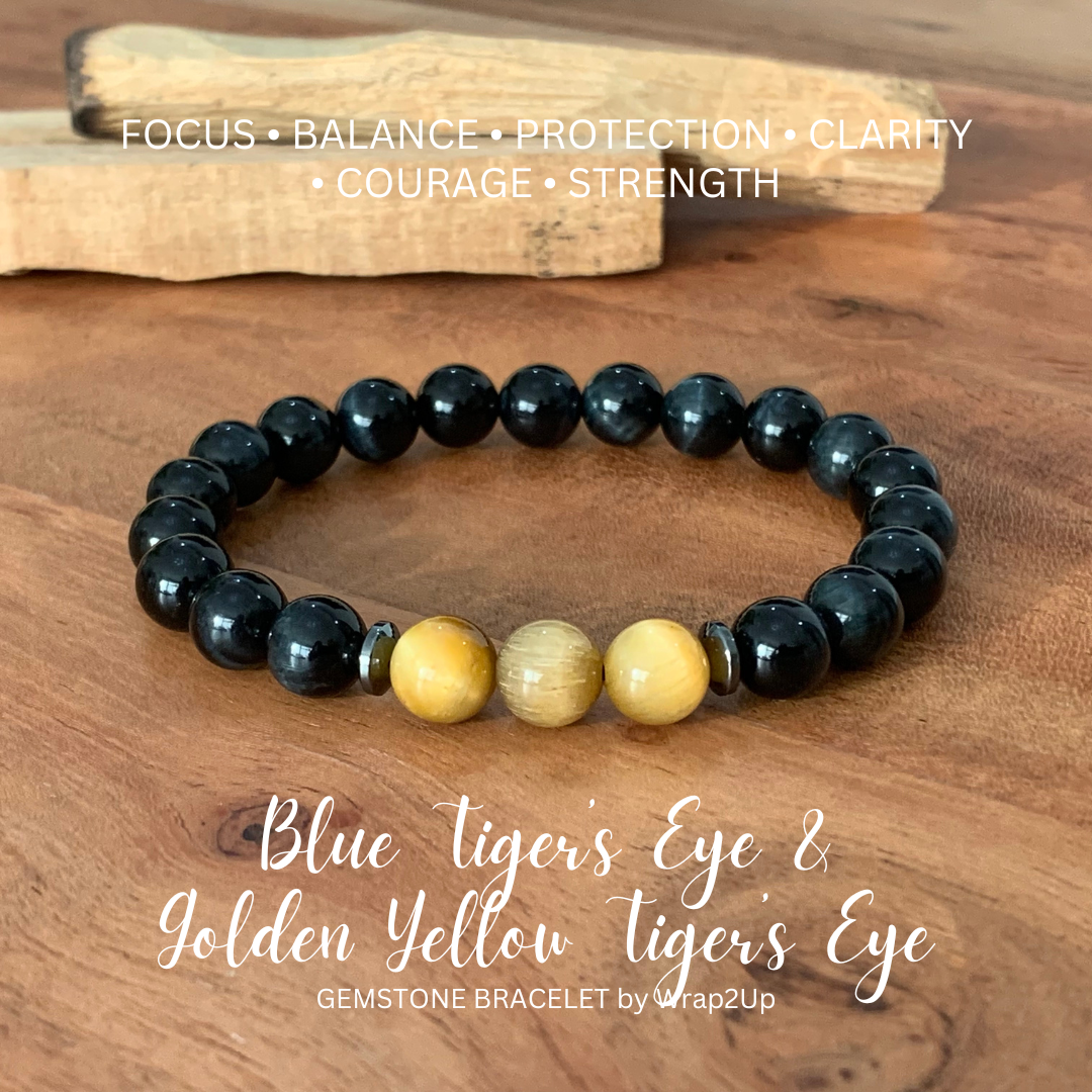 BLUE TIGER’S EYE & GOLDEN YELLOW TIGER’S EYE TRINITY GEMSTONE BRACELET