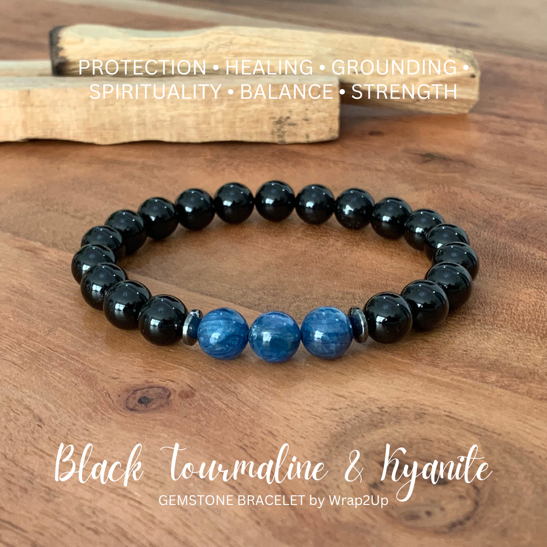 BLACK TOURMALINE & KYANITE TRINITY GEMSTONE BRACELET