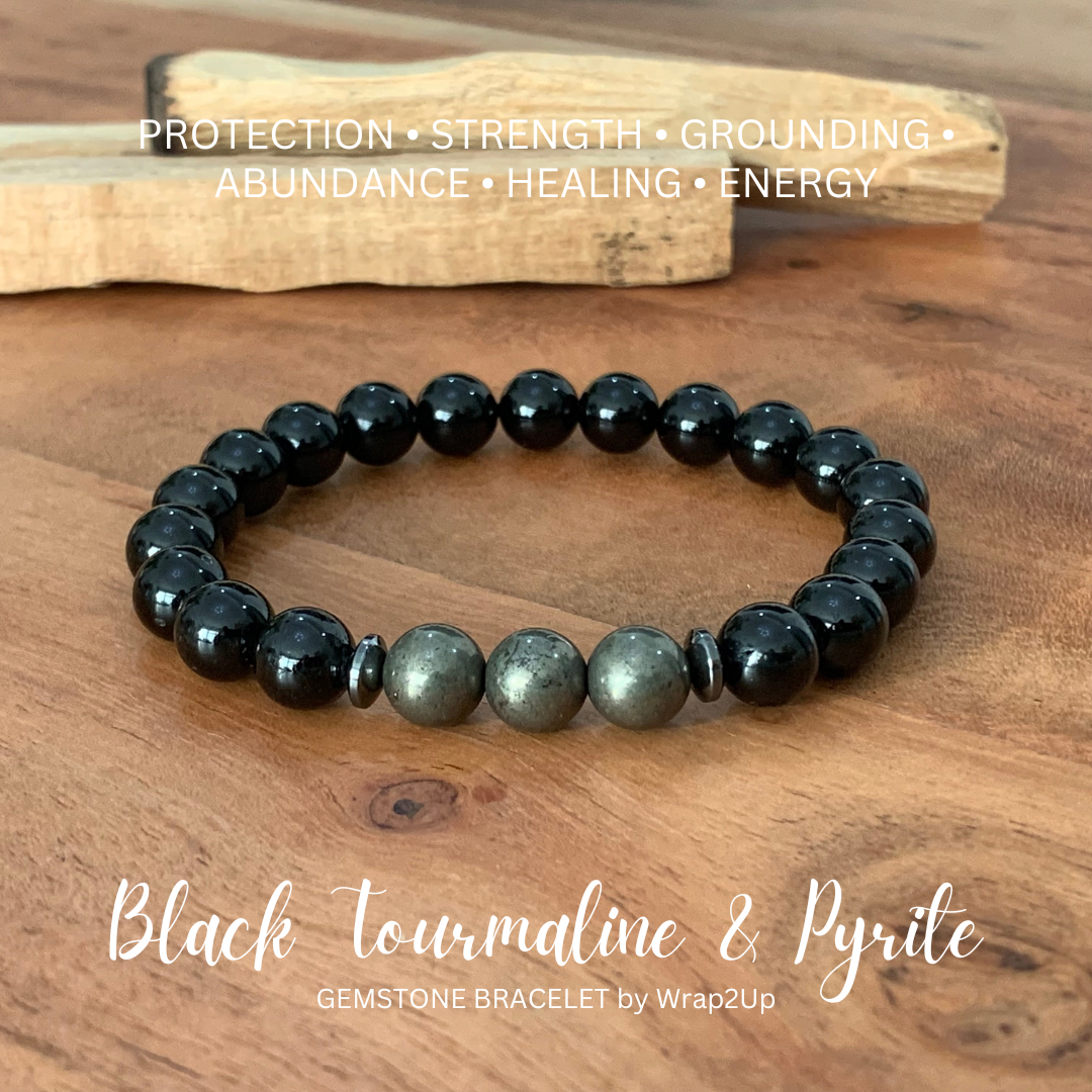 BLACK TOURMALINE & PYRITE TRINITY GEMSTONE BRACELET