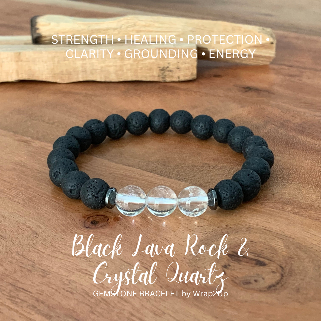 BLACK LAVA ROCK & CLEAR QUARTZ TRINITY GEMSTONE BRACELET