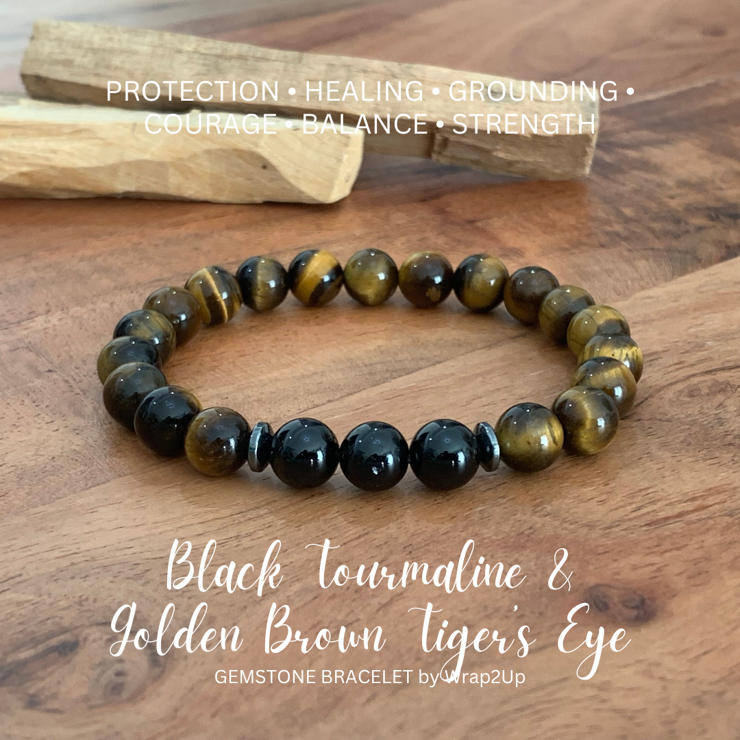BLACK TOURMALINE & GOLDEN BROWN TIGER’S EYE TRINITY GEMSTONE BRACELET