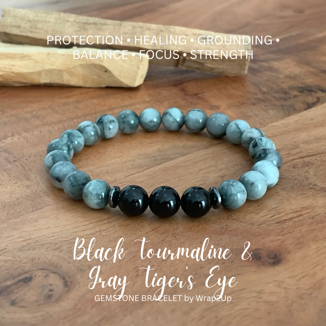 BLACK TOURMALINE & GRAY TIGER’S EYE TRINITY GEMSTONE BRACELET