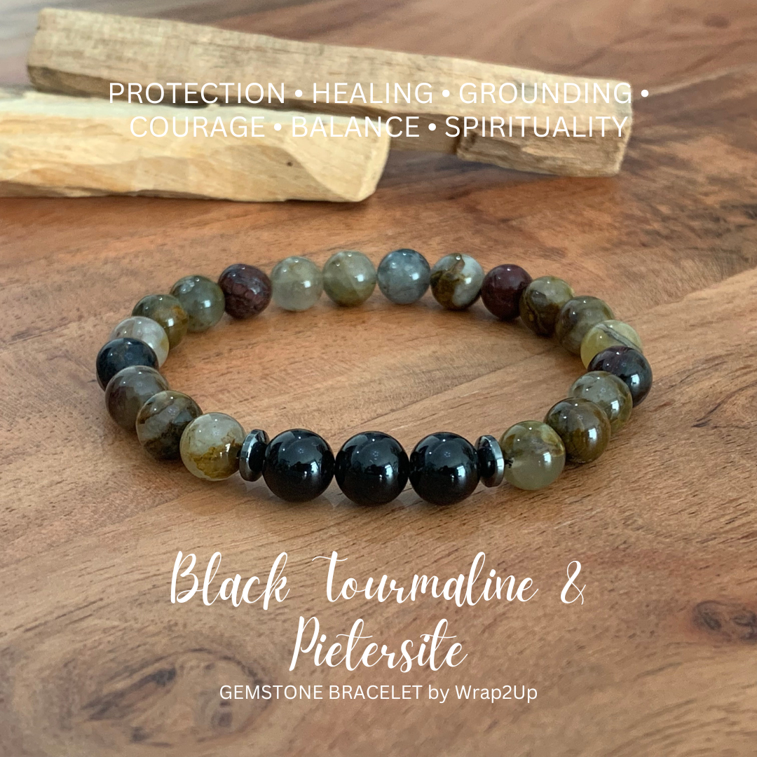 BLACK TOURMALINE & PIETERSITE TRINITY GEMSTONE BRACELET