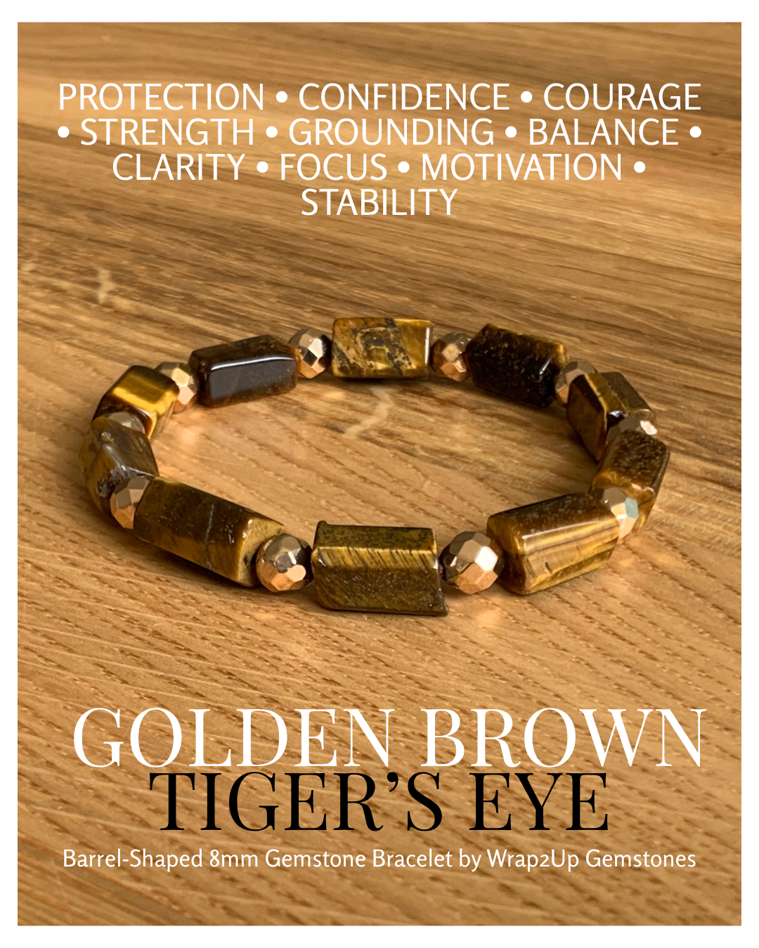Golden Brown Tiger’s Eye Barrel-Shaped 8mm Gemstone Bracelet