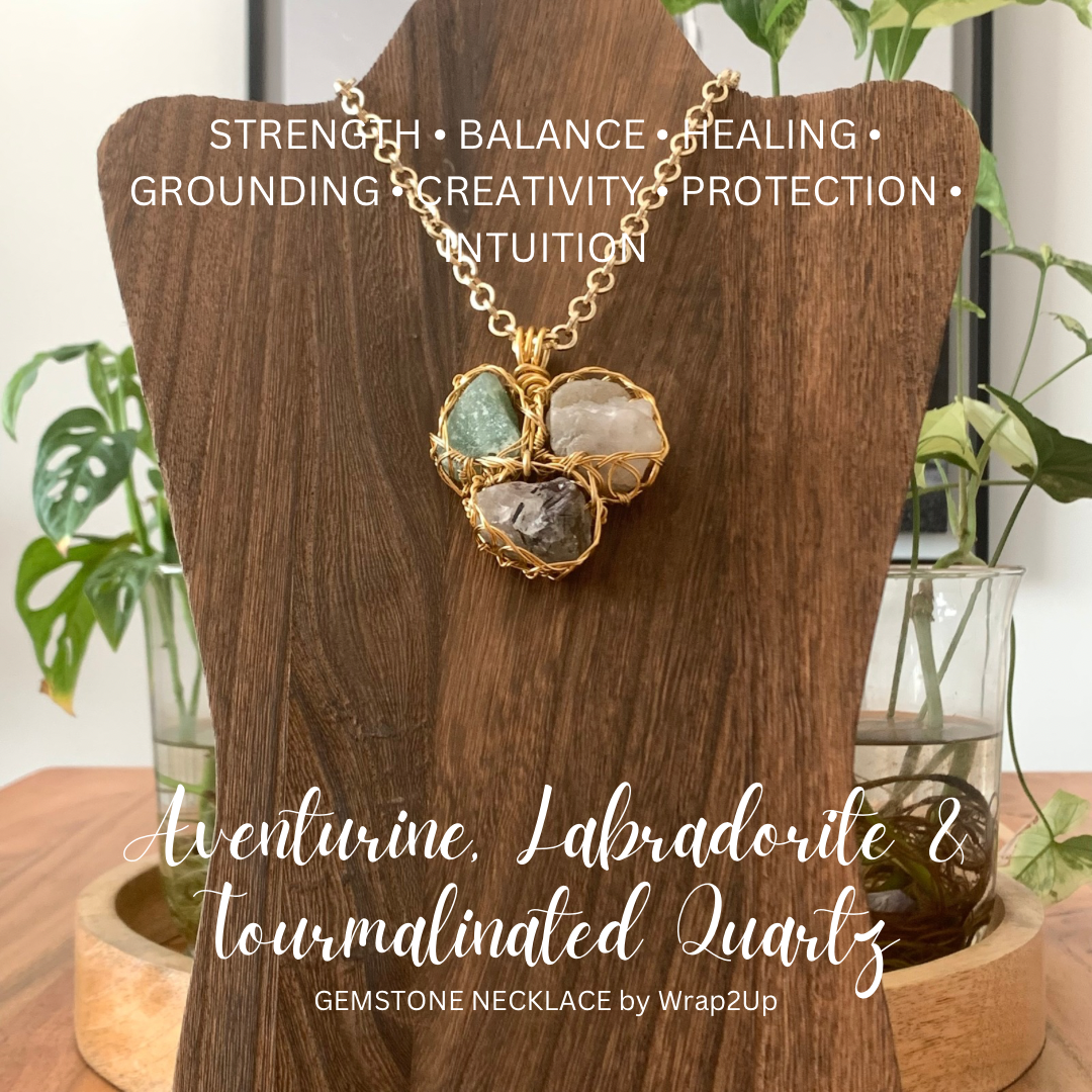 AVENTURINE, LABRADORITE & TOURMALINATED QUARTZ WIRE-WRAPPED GEMSTONE NECKLACE