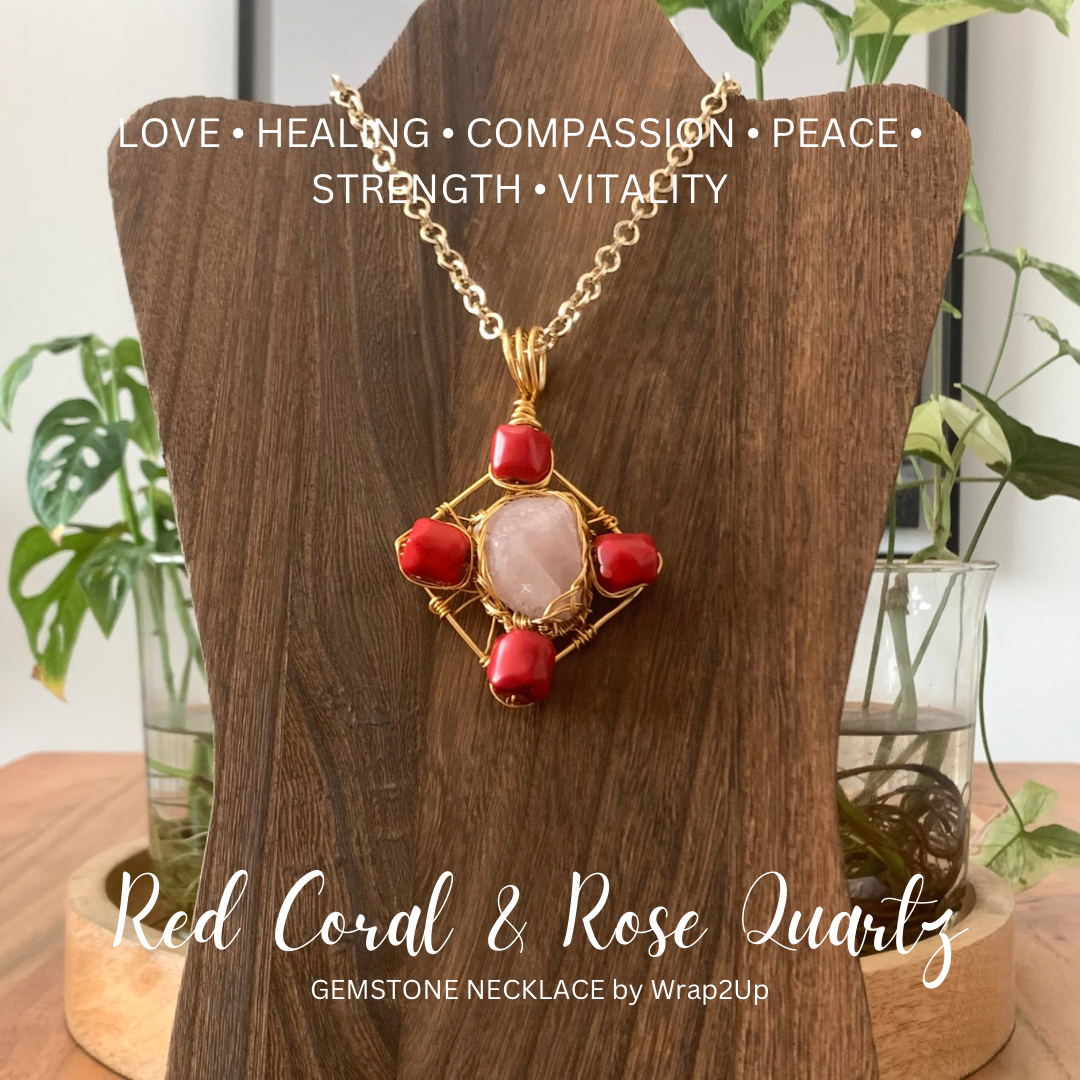 RED CORAL AND ROSE QUARTZ WIRE-WRAPPED GEMSTONE NECKLACE