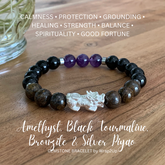 AMETHYST, BLACK TOURMALINE, BRONZITE & SILVER PIYAO GEMSTONE BRACELET