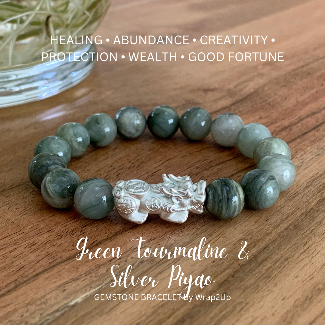 GREEN TOURMALINE & SILVER PIYAO GEMSTONE BRACELET