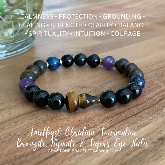 AMETHYST, BLACK OBSIDIAN, BLACK TOURMALINE, BRONZITE, KYANITE & TIGER’S EYE HULU GEMSTONE BRACELET