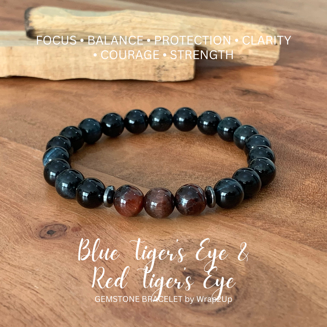 BLUE TIGER’S EYE & RED TIGER’S EYE TRINITY GEMSTONE BRACELET