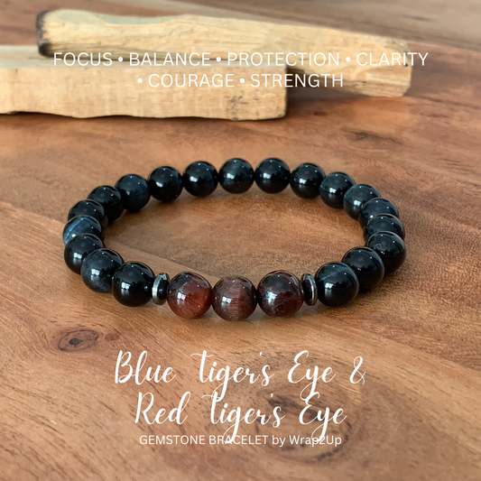 BLUE TIGER’S EYE & RED TIGER’S EYE TRINITY GEMSTONE BRACELET