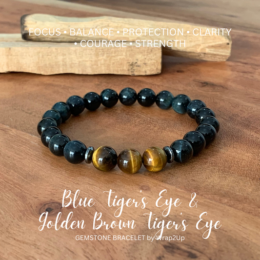BLUE TIGER’S EYE & GOLDEN BROWN TIGER’S EYE TRINITY GEMSTONE BRACELET