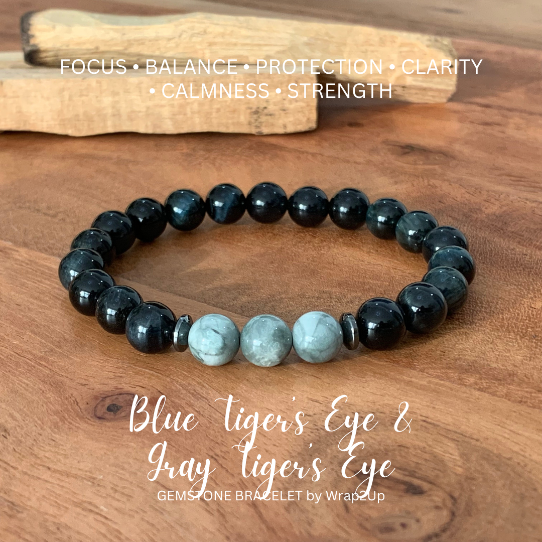 BLUE TIGER’S EYE & GRAY TIGER’S EYE TRINITY GEMSTONE BRACELET