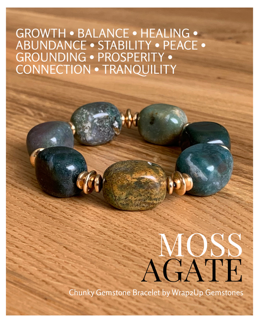 Chunky Moss Agate gemstone bracelet with green earthy tones for grounding and emotional healing – Wrap2Up Dubai