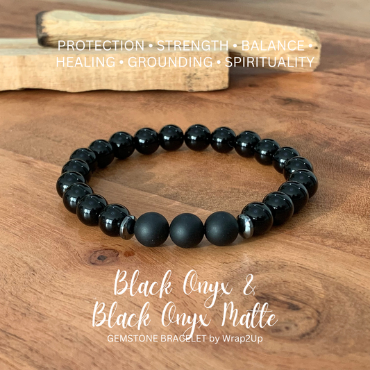 BLACK ONYX & BLACK ONYX MATTE TRINITY GEMSTONE BRACELET