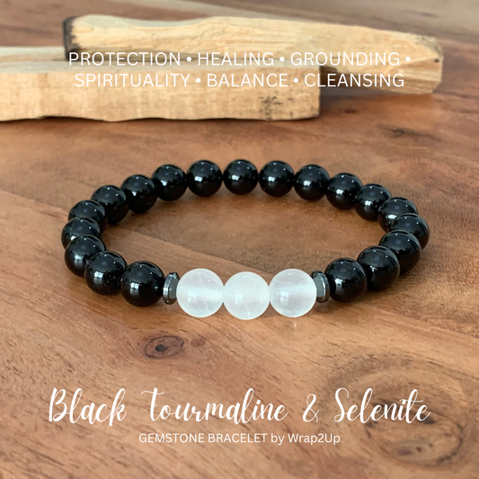 BLACK TOURMALINE & SELENITE TRINITY GEMSTONE BRACELET