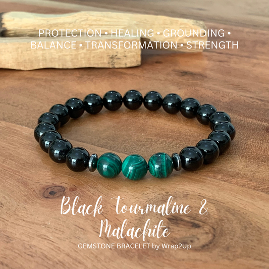 BLACK TOURMALINE & MALACHITE TRINITY GEMSTONE BRACELET