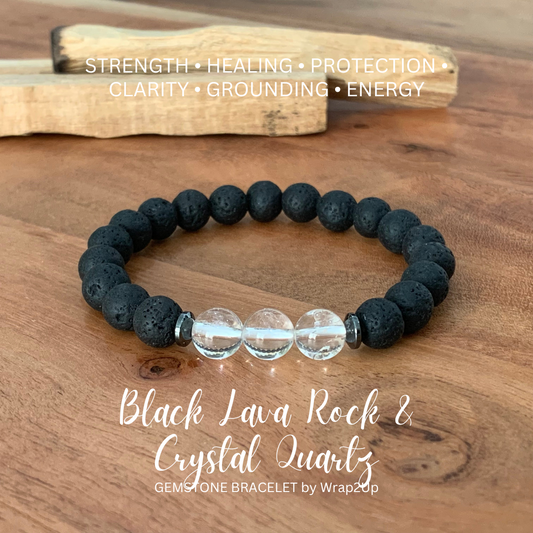 BLACK LAVA ROCK & CLEAR QUARTZ TRINITY GEMSTONE BRACELET