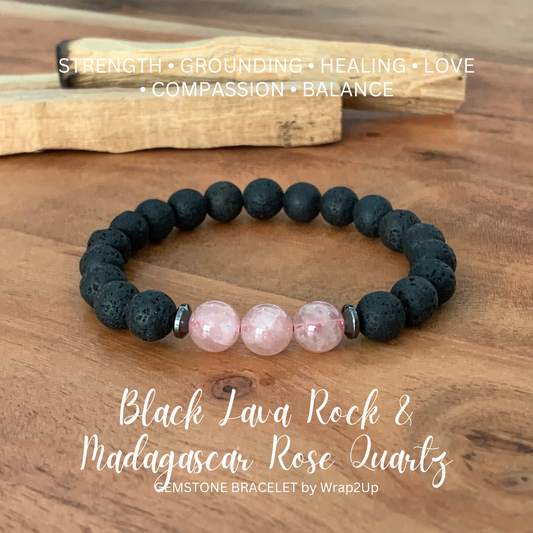 BLACK LAVA ROCK & MADAGASCAR ROSE QUARTZ TRINITY GEMSTONE BRACELET