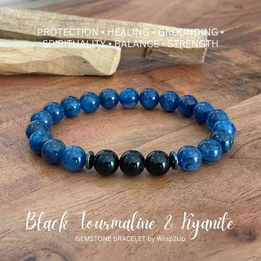 BLACK TOURMALINE & KYANITE TRINITY GEMSTONE BRACELET