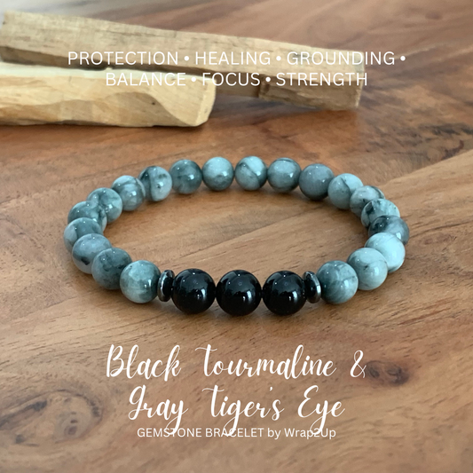 BLACK TOURMALINE & GRAY TIGER’S EYE TRINITY GEMSTONE BRACELET