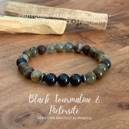 BLACK TOURMALINE & PIETERSITE TRINITY GEMSTONE BRACELET