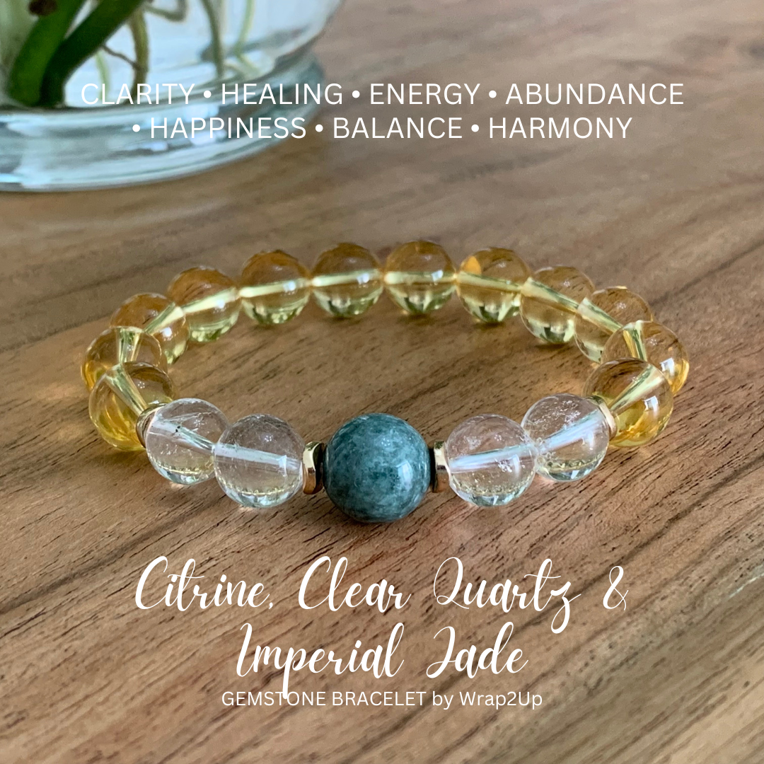 CITRINE, CLEAR QUARTZ & IMPERIAL JADE GEMSTONE BRACELET