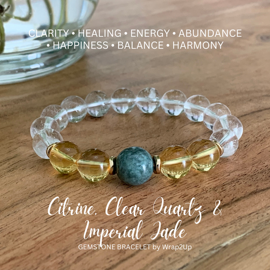 CITRINE, CLEAR QUARTZ & IMPERIAL JADE GEMSTONE BRACELET
