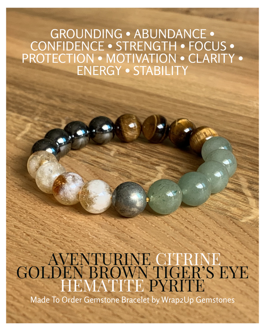 AVENTURINE, CITRINE, GOLDEN BROWN TIGER'S EYE, HEMATITE AND PYRITE MADE TO ORDER GEMSTONE BRACELET