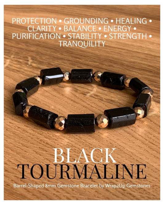 BLACK TOURMALINE BARREL-SHAPED 8mm GEMSTONE BRACELET