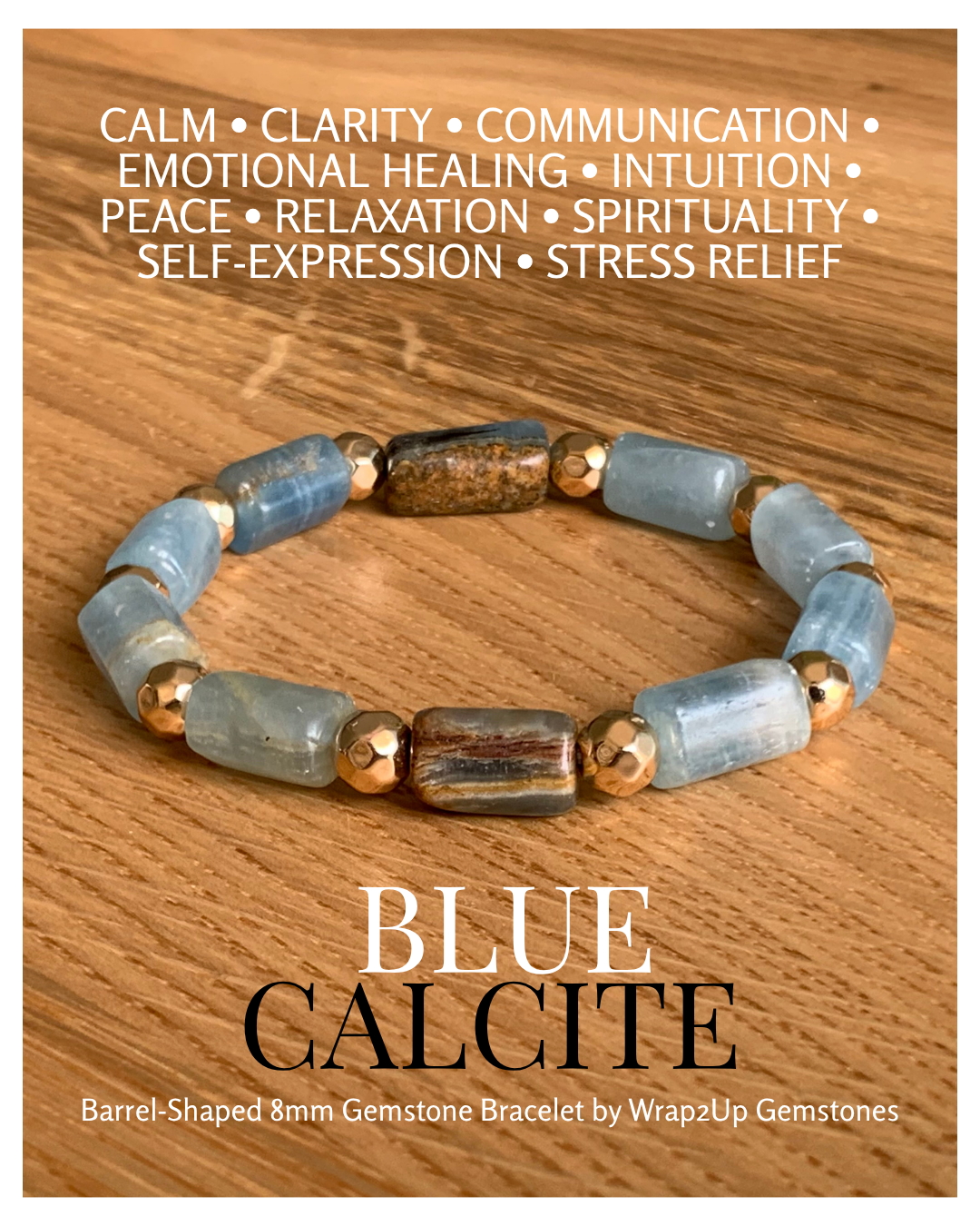 BLUE CALCITE BARREL-SHAPED 8mm GEMSTONE BRACELET