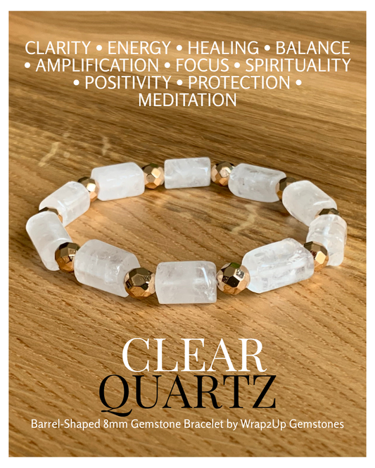 CLEAR QUARTZ BARREL-SHAPED 8mm GEMSTONE BRACELET