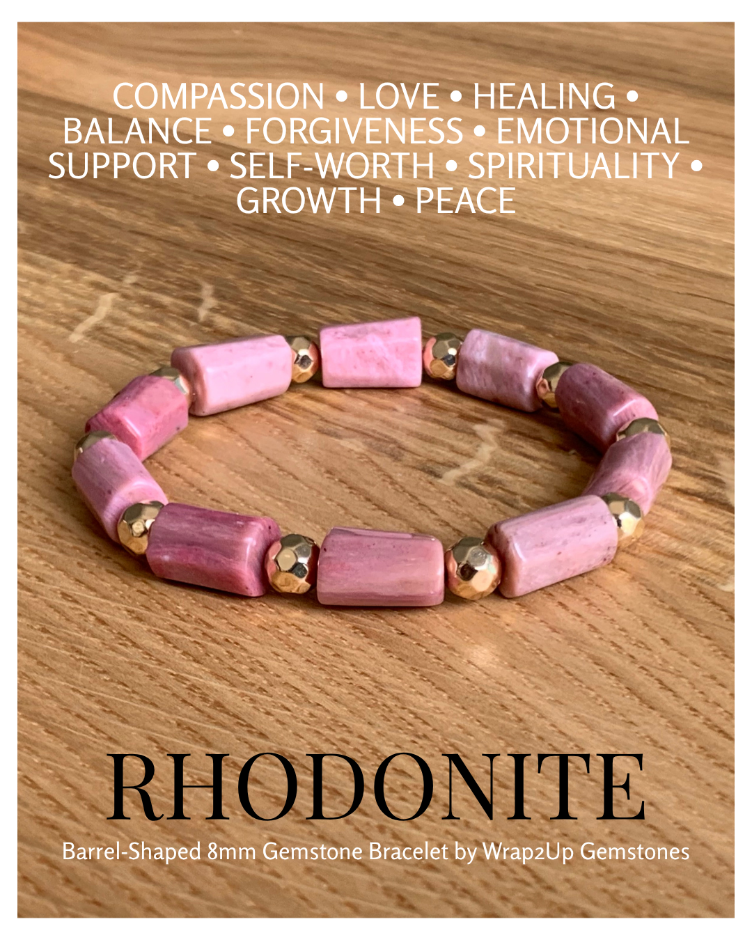 RHODONITE BARREL-SHAPED 8mm GEMSTONE BRACELET