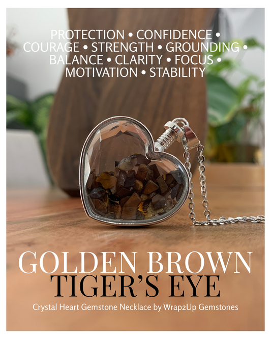 GOLDEN BROWN TIGER’S EYE IN CRYSTAL HEART GEMSTONE NECKLACE