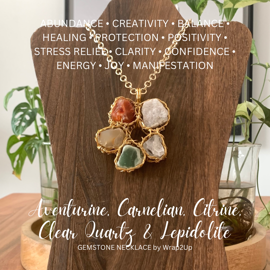 AVENTURINE, CARNELIAN, CITRINE, CLEAR QUARTZ & LEPIDOLITE WIRE-WRAPPED GEMSTONE NECKLACE